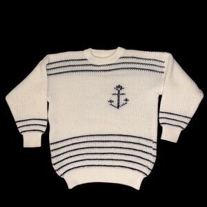 Vintage Cream and Navy Striped Crewneck Sweater with Anchor